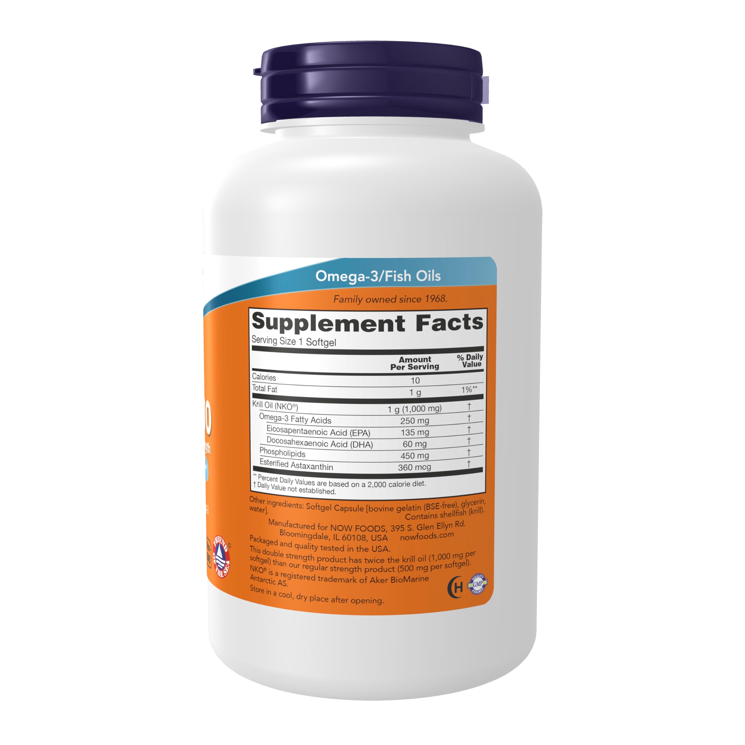 NOW Foods Neptune Krill Oil bottle label highlighting NKO phospholipid-bound omega-3 profile.
