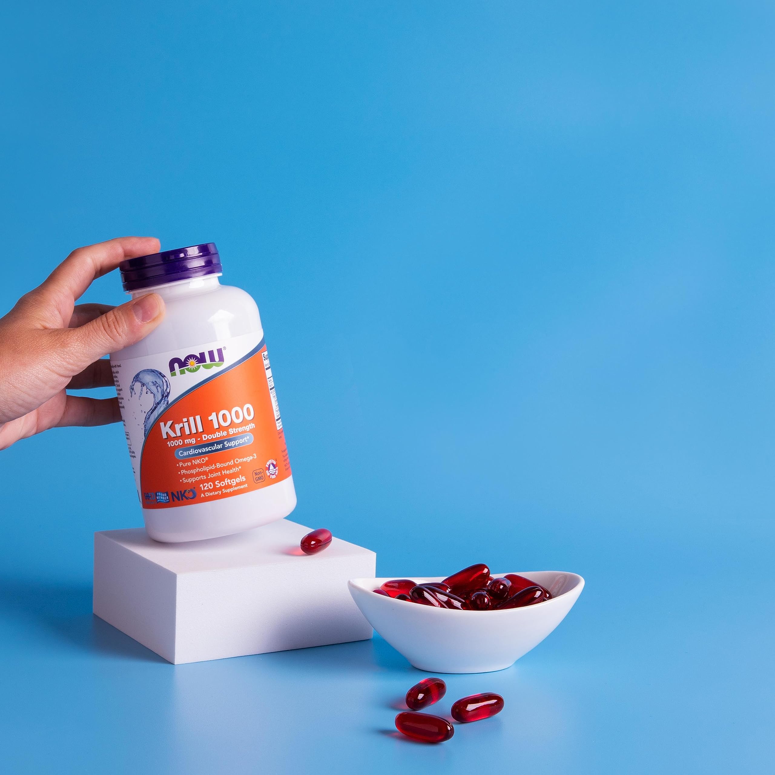 Packaging and certifications spread for NOW Foods Neptune Krill Oil emphasizing purity and quality.