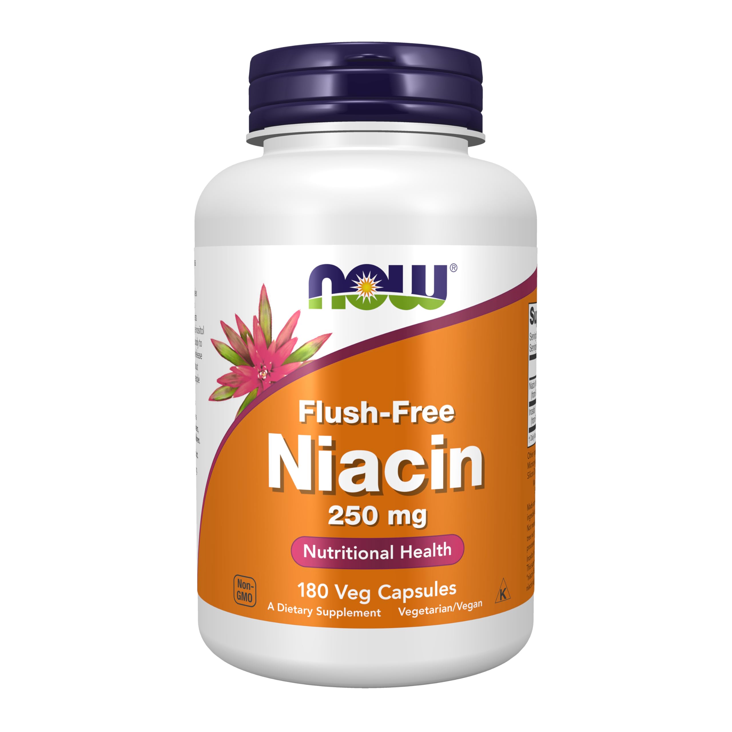 NOW Foods Niacin 250 mg bottle front with flush-free, slow-release formula for daily use