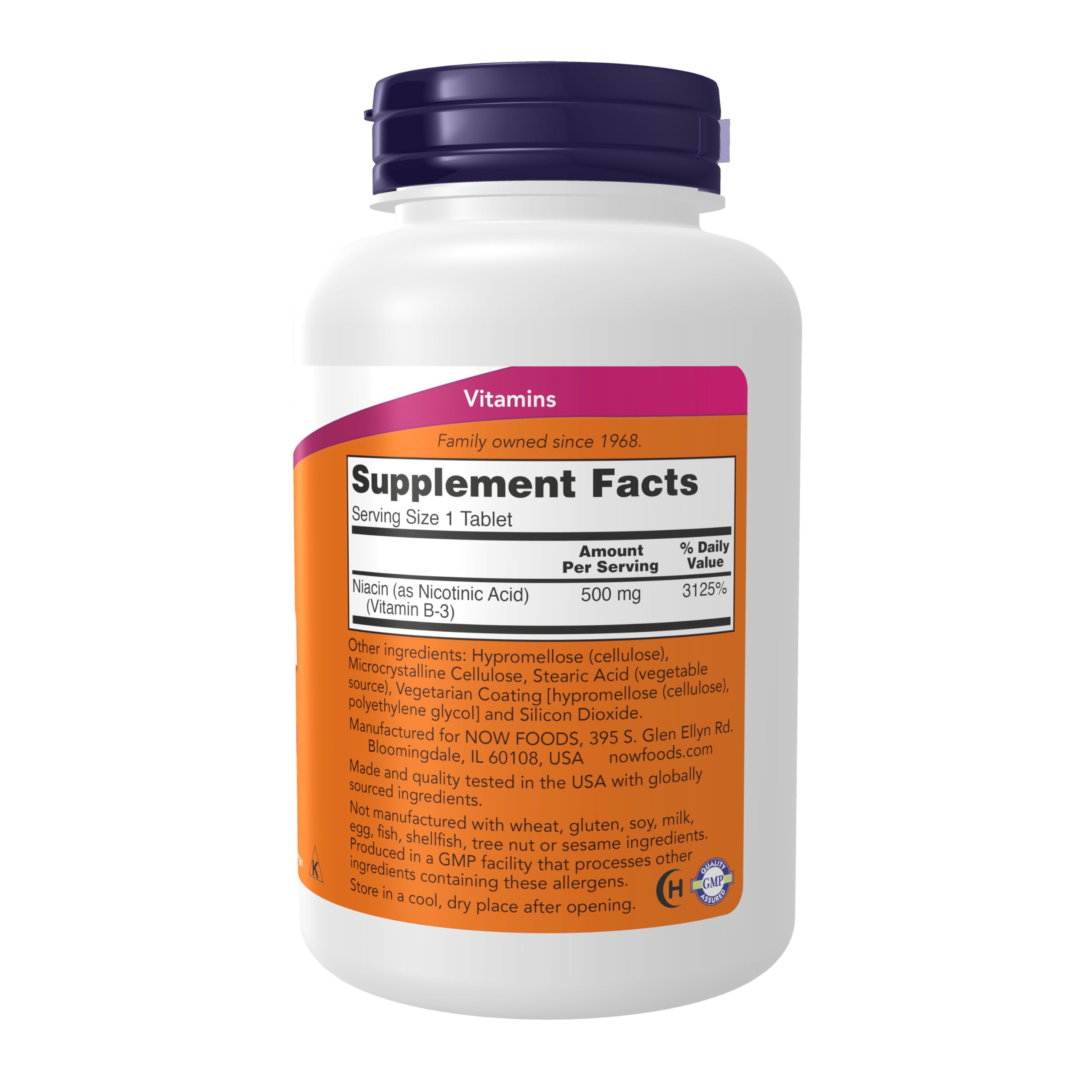 NOW Foods Niacin 500 mg sustained-release tablets shown on bottle label.
