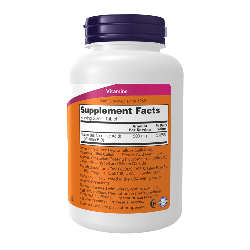 NOW Foods Niacin 500 mg sustained-release tablets shown on bottle label.
