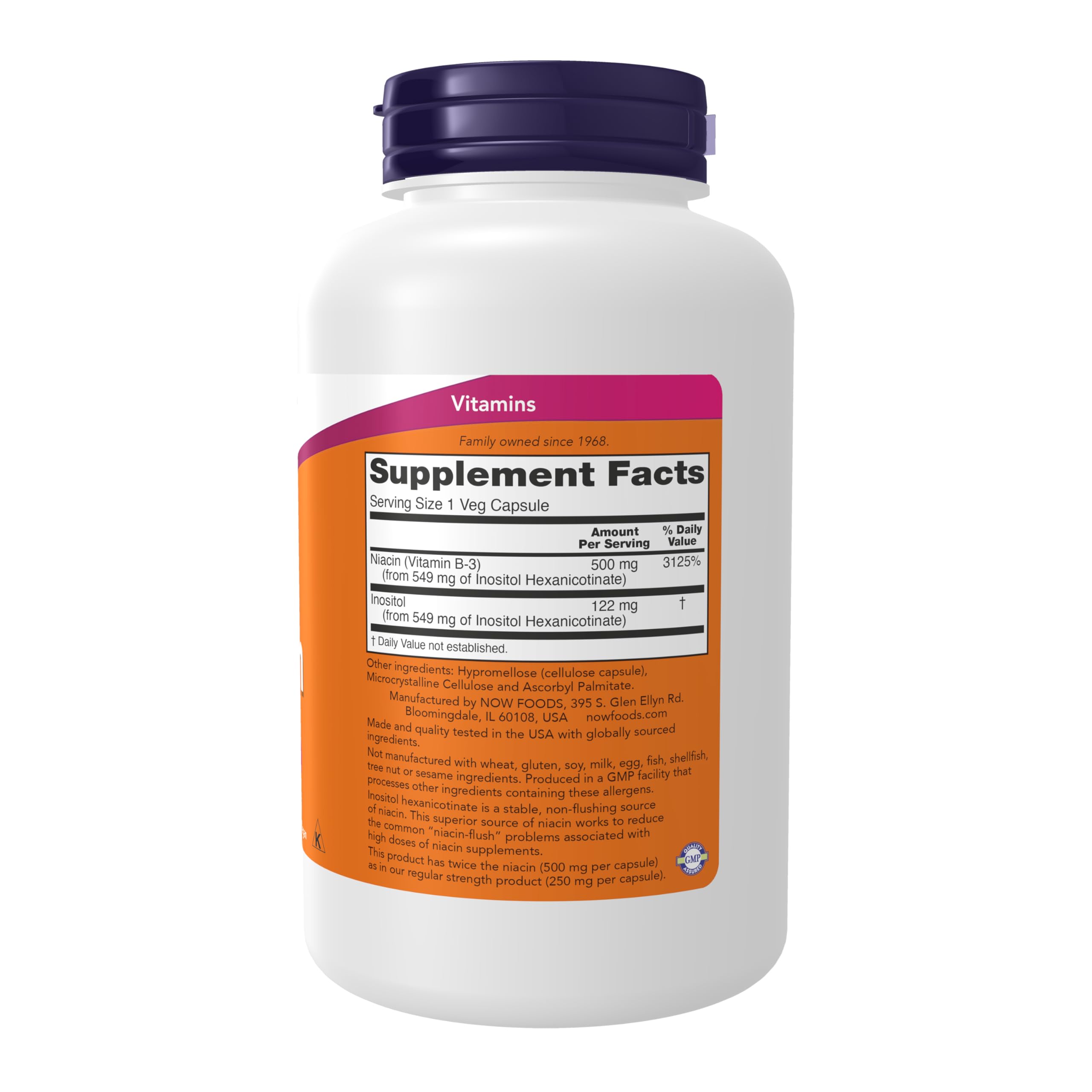 NOW Foods Niacin capsules closeup highlighting flush-free delivery for comfortable daily use
