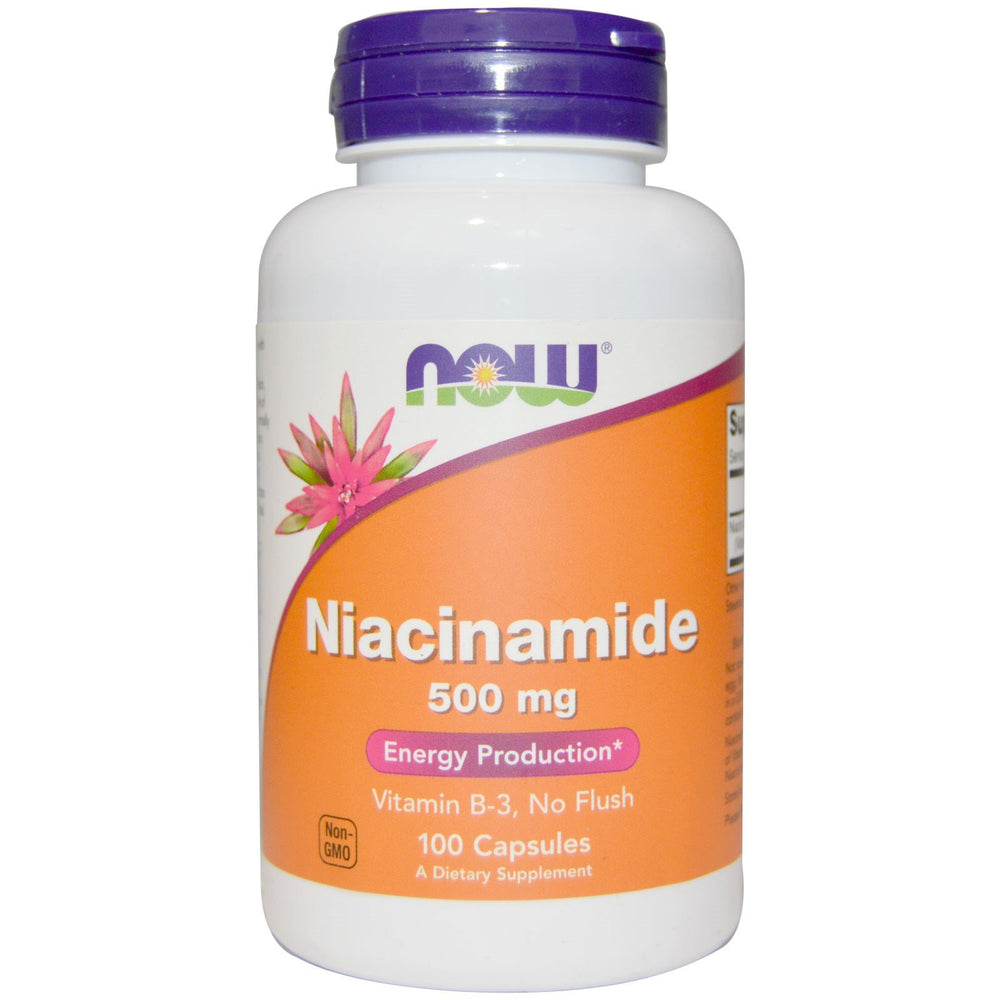 NOW Foods Niacinamide 500mg bottle label highlights no-flush option.
