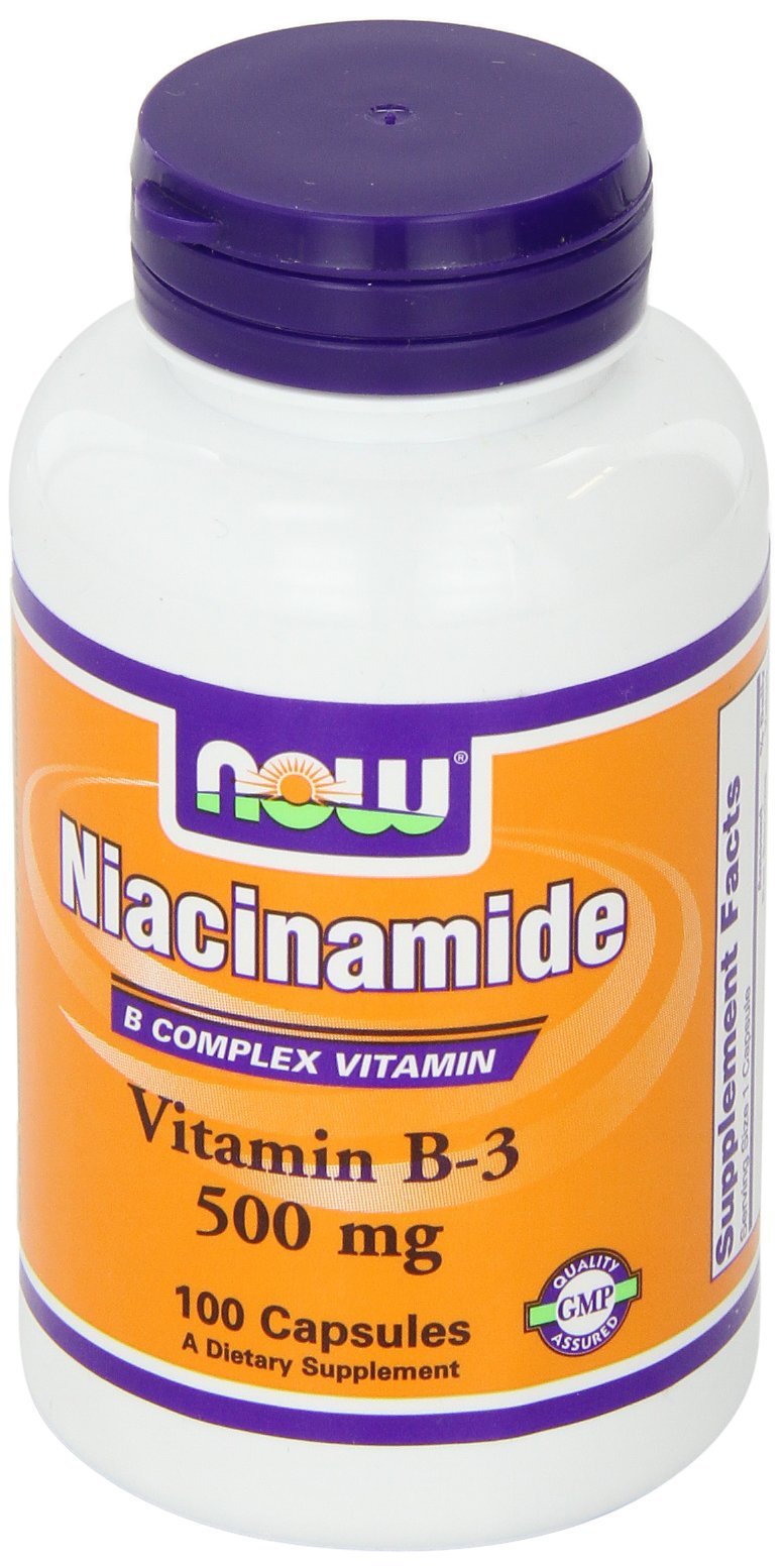 NOW Foods Niacinamide 500mg bottle top view for easy daily supplementation.