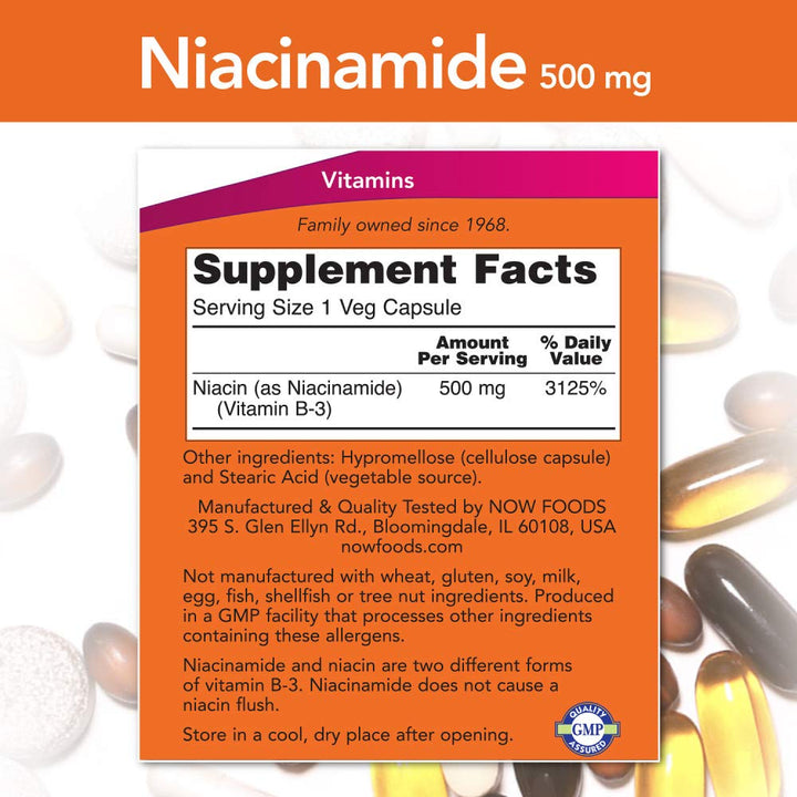 NOW Foods Niacinamide capsules close-up showing smooth texture