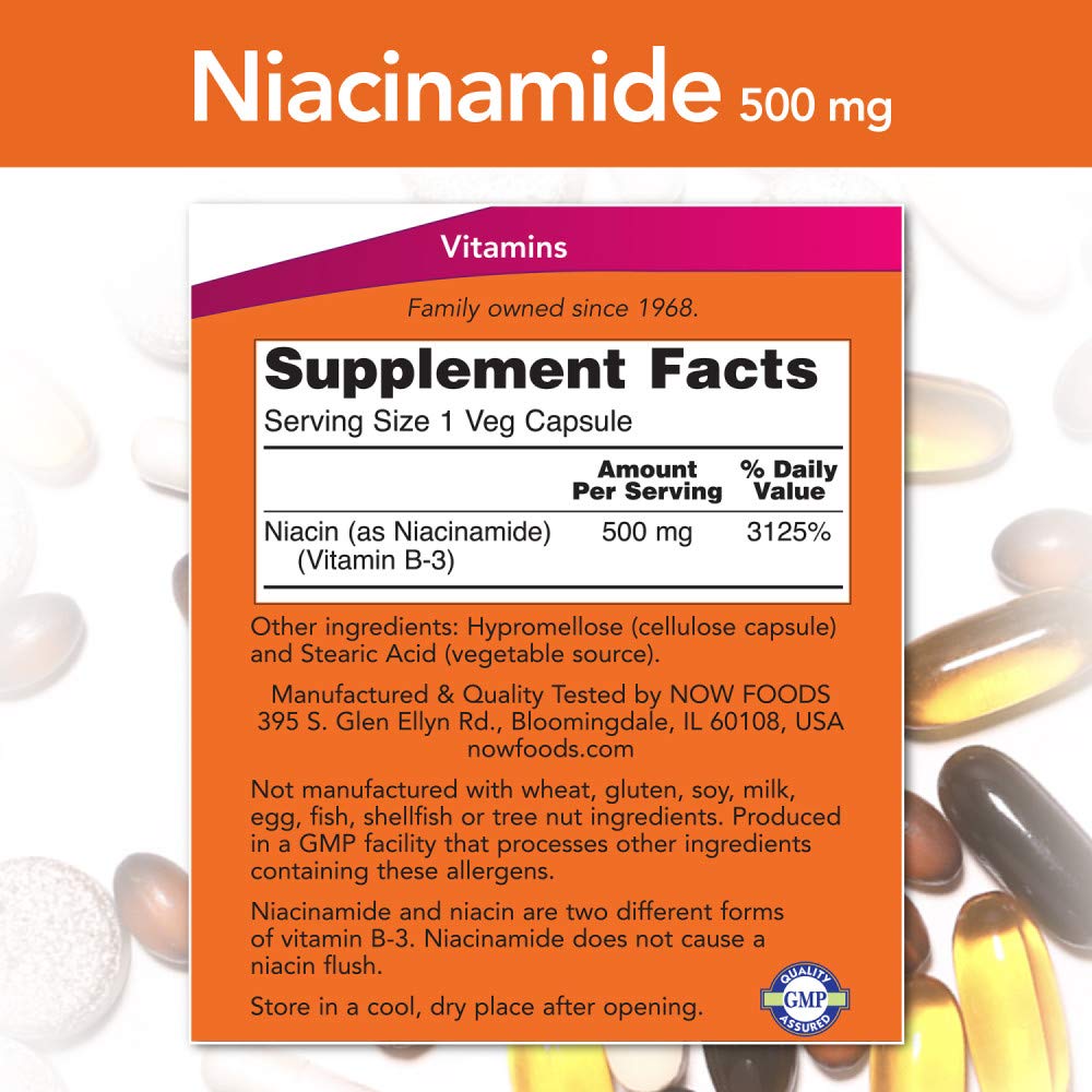 NOW Foods Niacinamide capsules close-up showing smooth texture