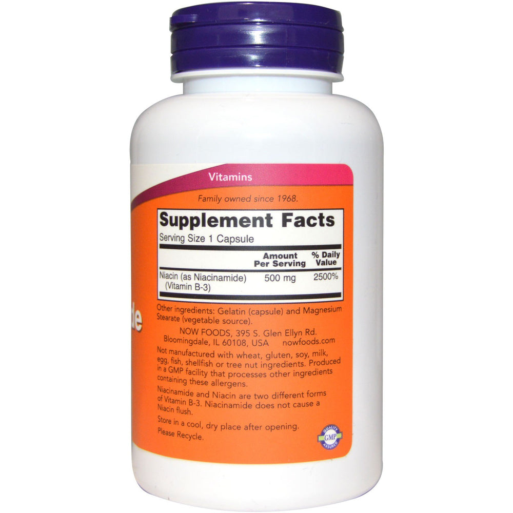 NOW Foods Niacinamide 500mg capsules close-up for daily use.