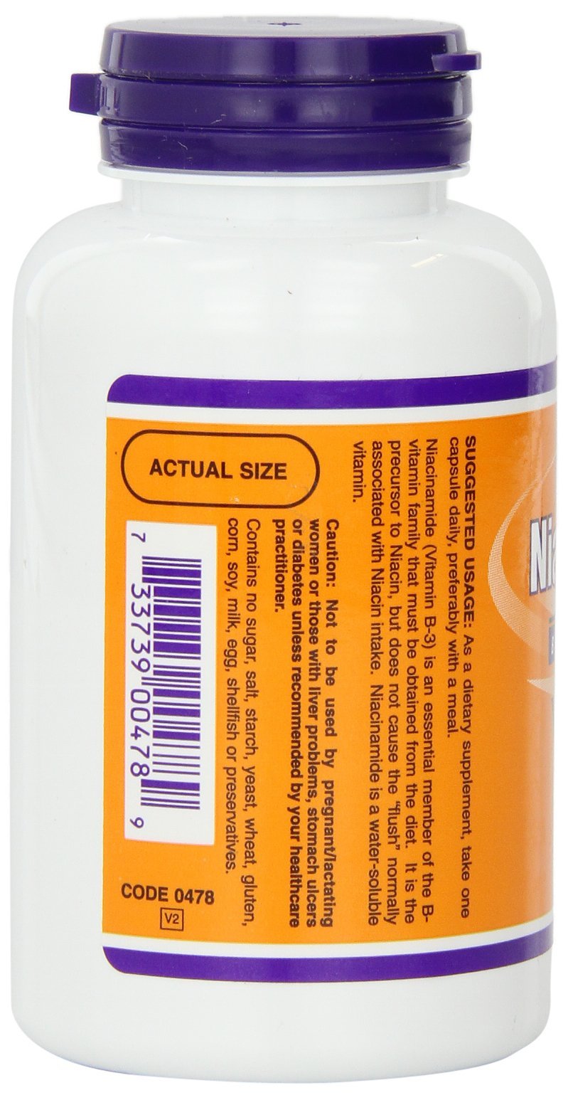 NOW Foods Niacinamide 500mg packaging shows vegan and kosher certifications.
