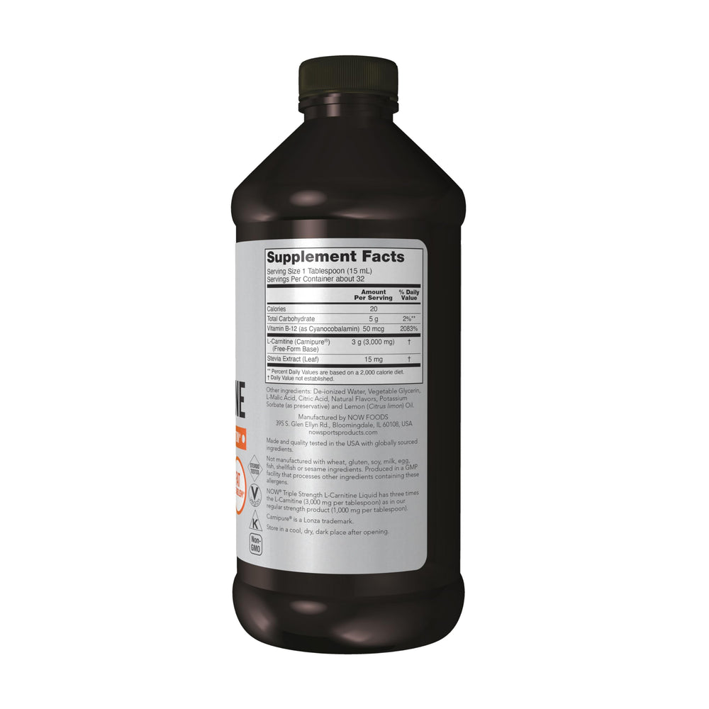 NOW Foods L-Carnitine Liquid citrus flavor poured into a glass for quick mixing.