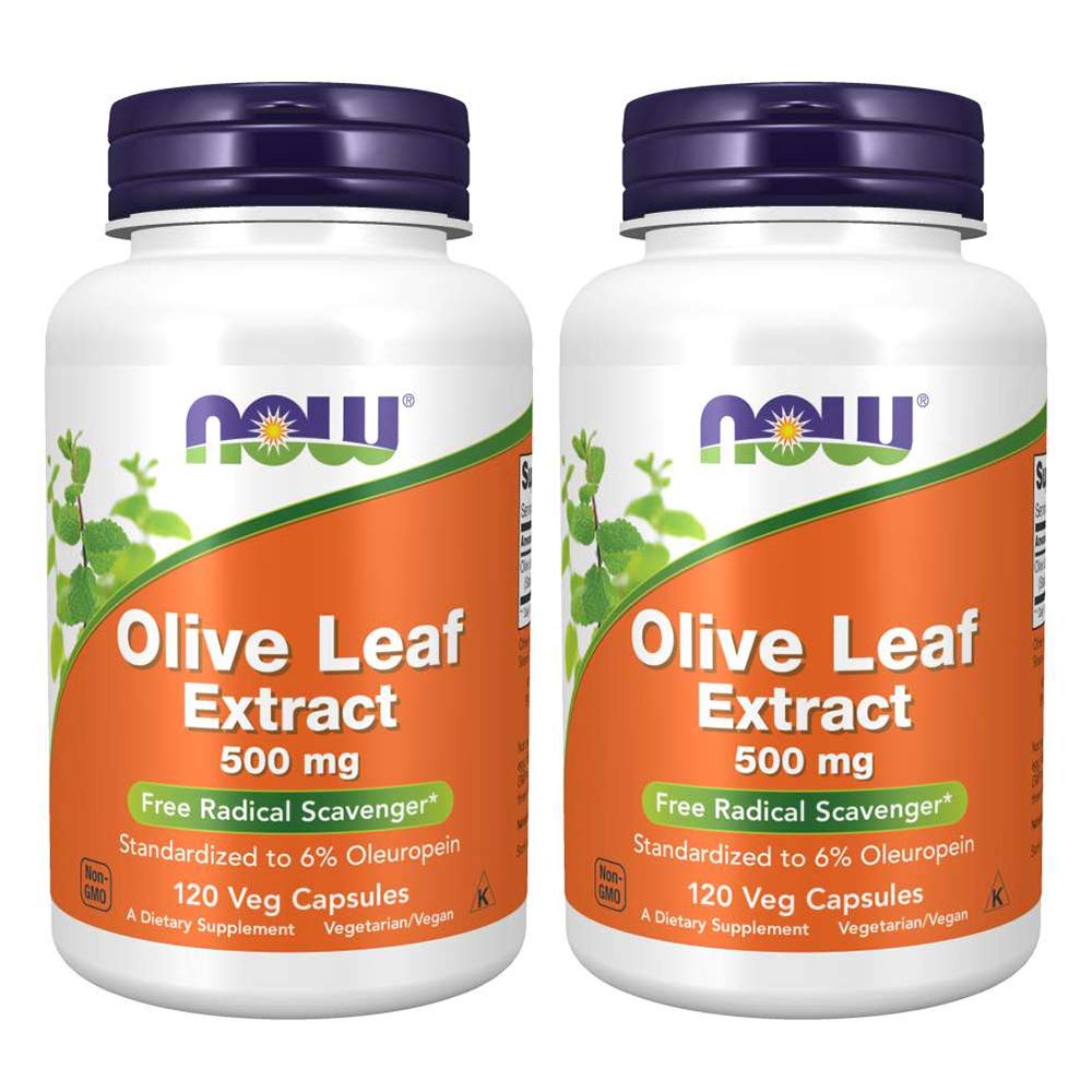 NOW Foods Olive Leaf Extract bottle with 500 mg capsules for daily antioxidant support