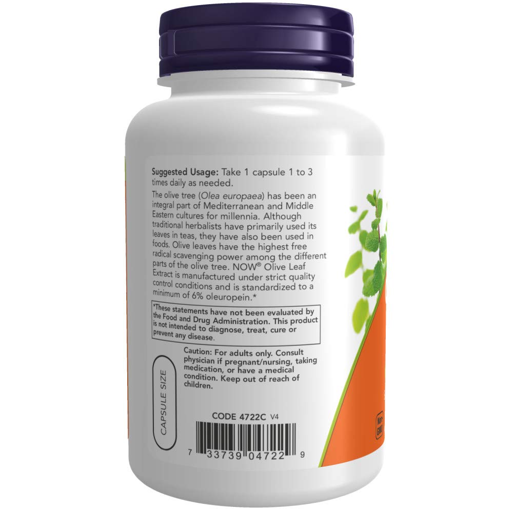 NOW Foods Olive Leaf Extract label front showing 6% oleuropein standardization