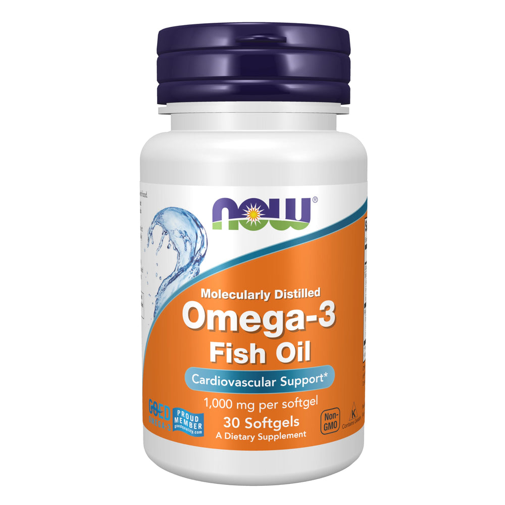 NOW Foods Omega-3 bottle showing 180 EPA / 120 DHA for heart health support