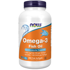NOW Foods Omega-3 softgels bottle, label visible, potential cardiovascular support.