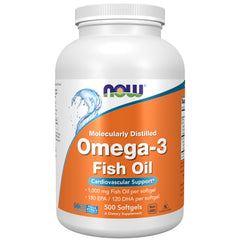 NOW Foods Omega-3 softgels bottle showing 180 EPA and 120 DHA per serving