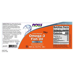 NOW Foods Omega-3 Lemon label close-up showing lemon flavor and purity