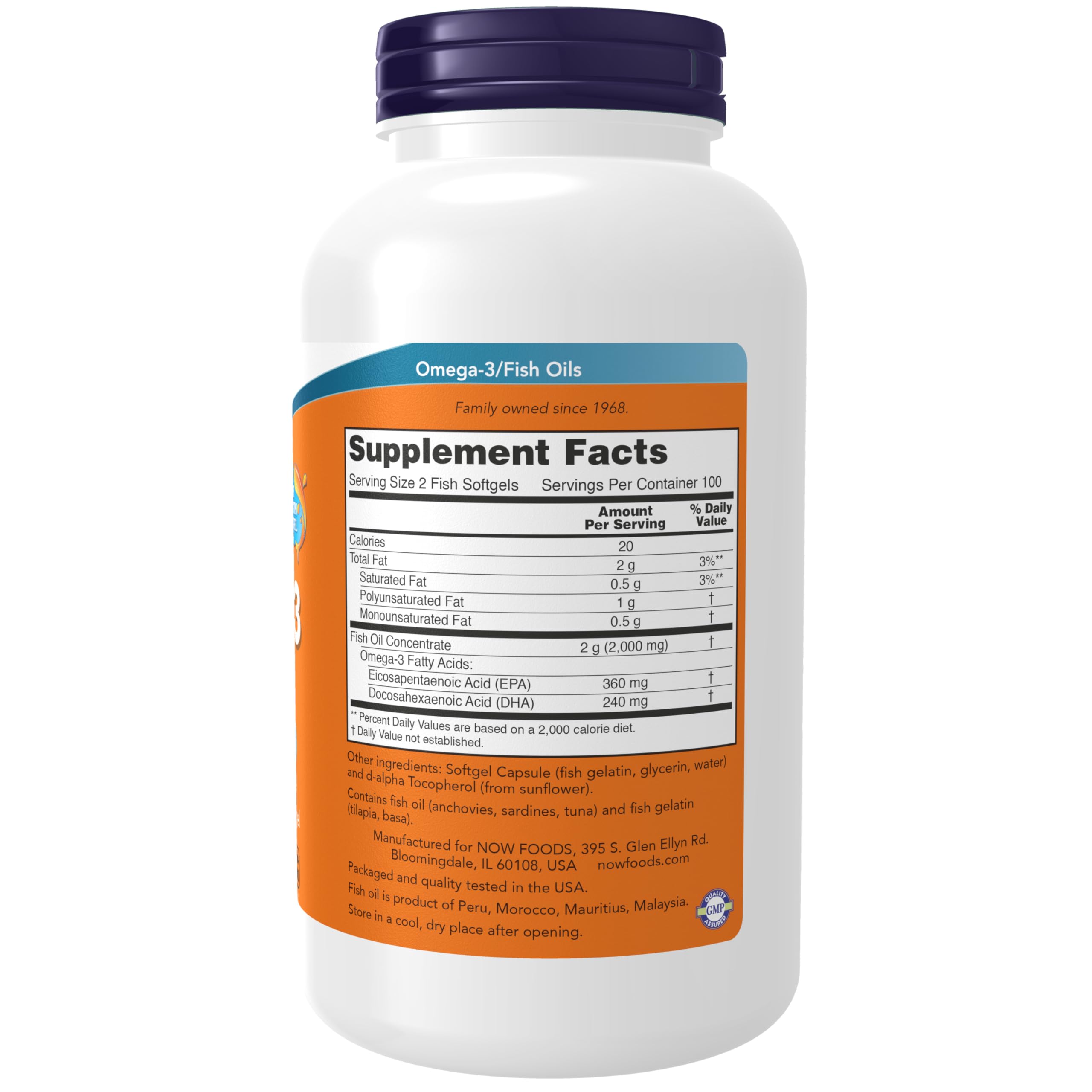 NOW Foods Omega-3 softgels in fish gelatin packaging, easy-to-swallow capsules.