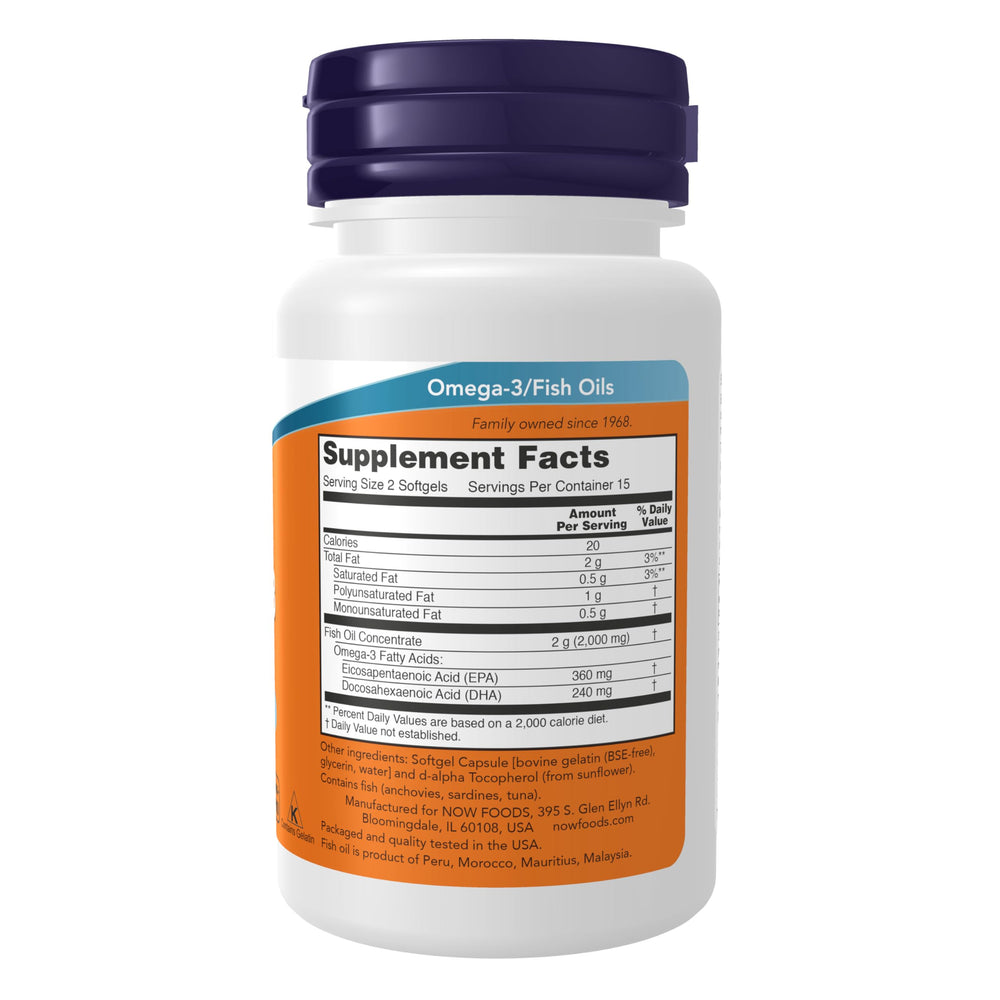 NOW Foods Omega-3 softgels pour close-up for daily convenient use