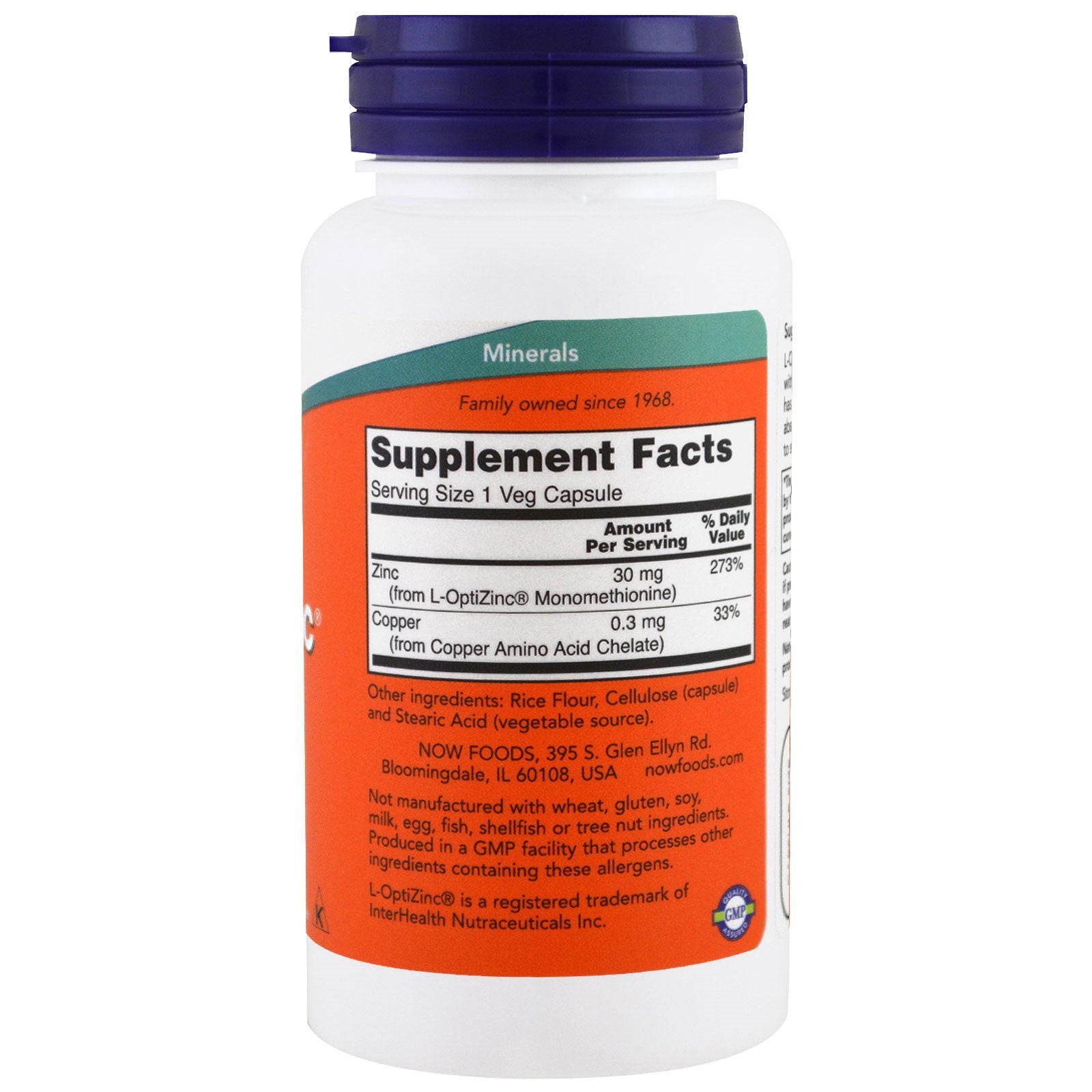 NOW Foods Opti L-zinc capsule closeup shows 30 mg zinc for daily immune support
