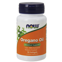 NOW Foods Oregano Oil enteric coated softgels bottle designed for intestinal release.