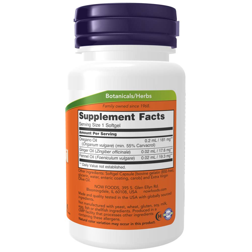 NOW Foods Oregano Oil Enteric softgels capsules for daily wellness routines.