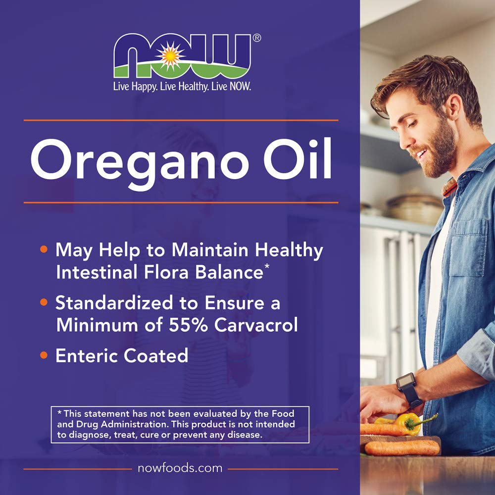 NOW Foods Oregano Oil Enteric softgels enteric coating graphic highlights targeted intestinal release.