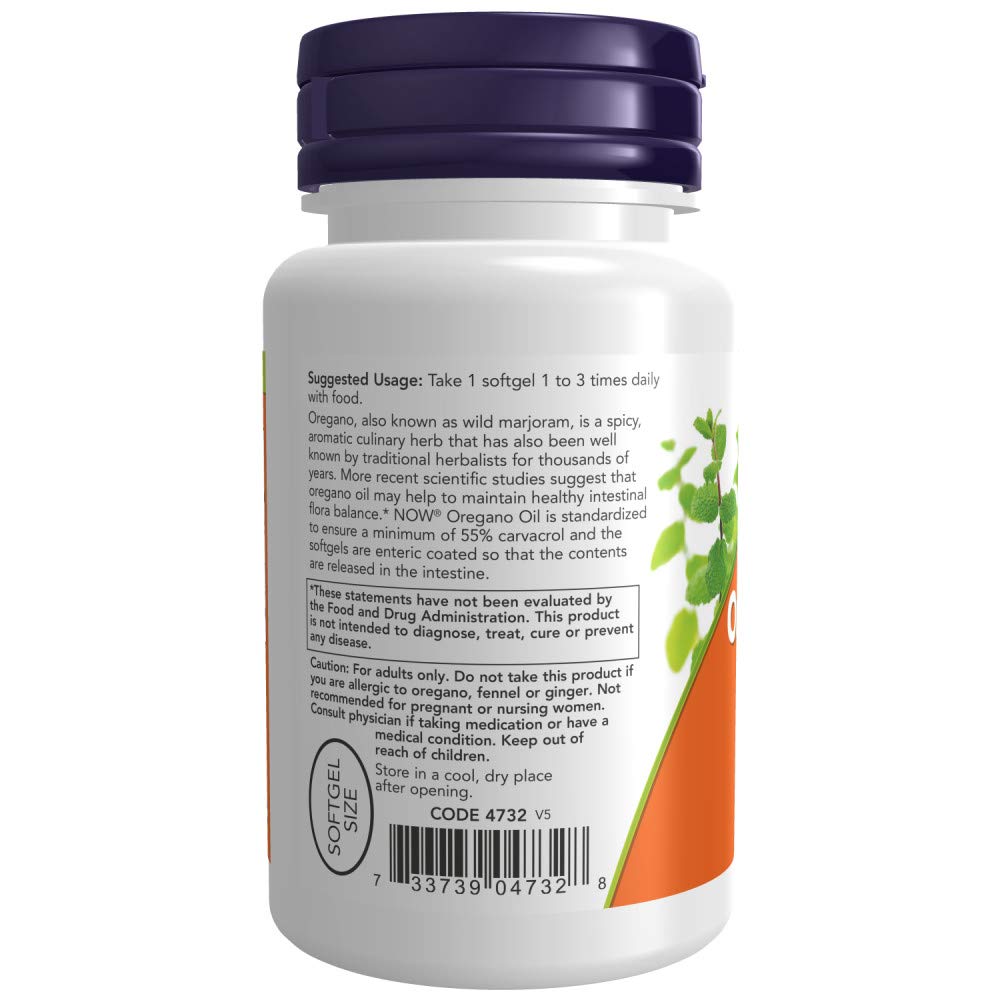 NOW Foods Oregano Oil Enteric softgels label showing 55% carvacrol content.