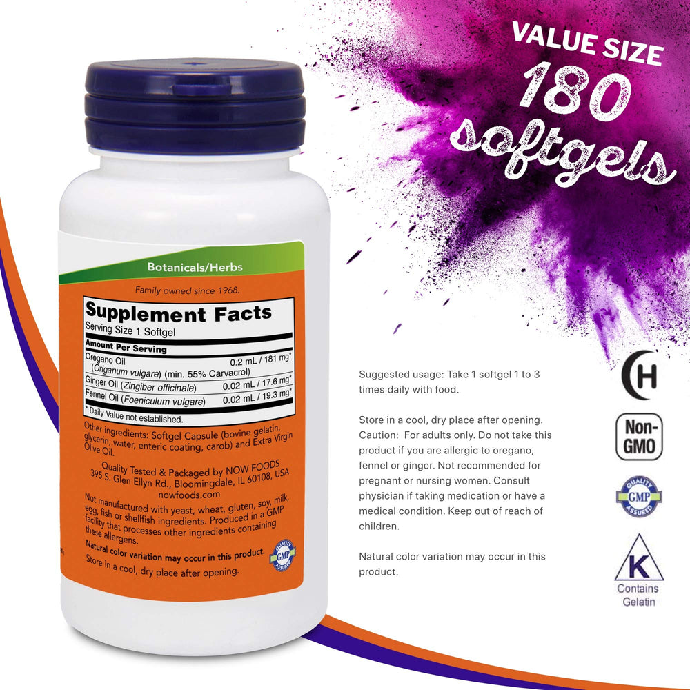 Kosher certification symbol on NOW Foods oregano oil packaging