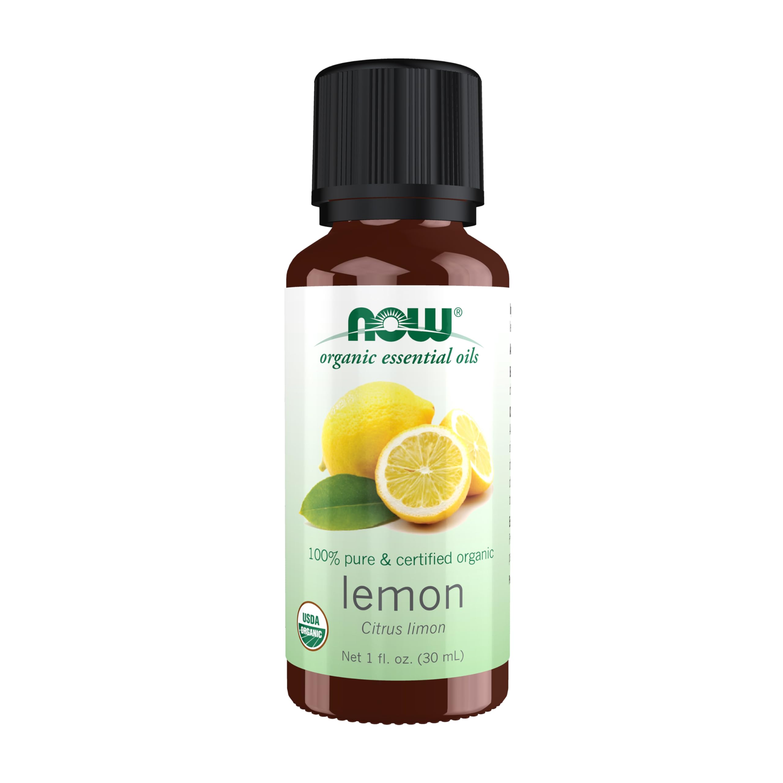 NOW Foods Organic Lemon Oil bottle ready for aromatherapy and cleaning tasks.