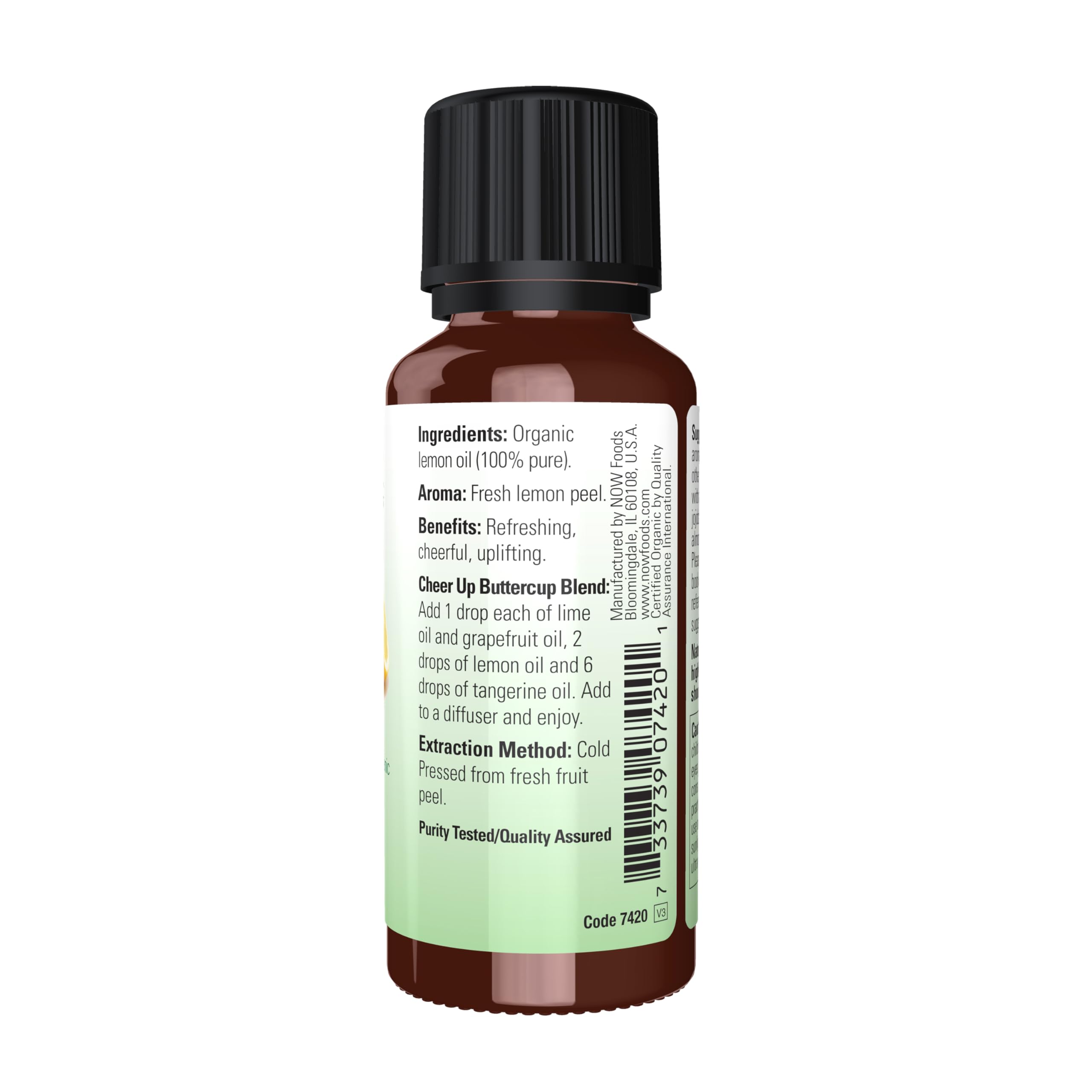 NOW Foods Organic Lemon Oil cap secured to protect purity.