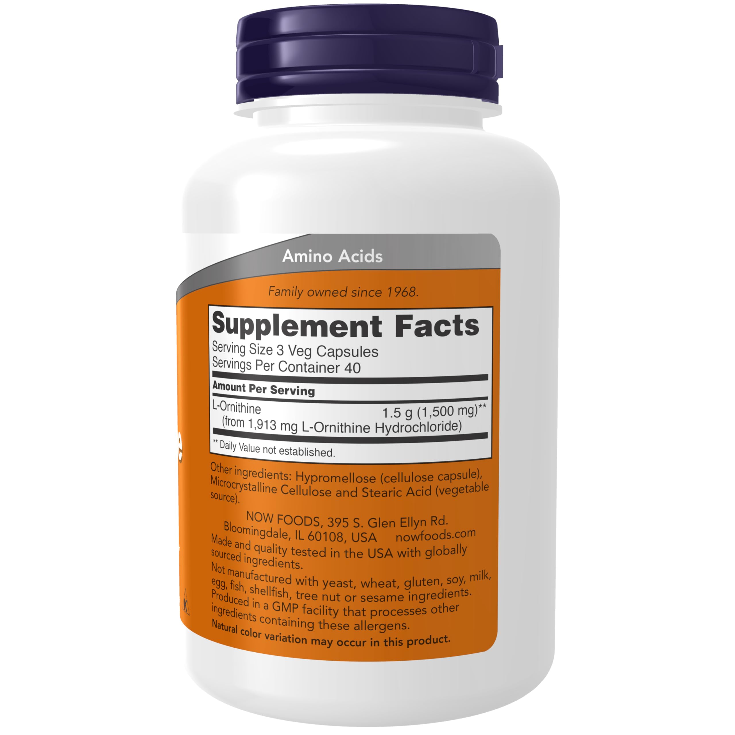 NOW Foods L-Ornithine bottle front view showing 120 vegan capsules.