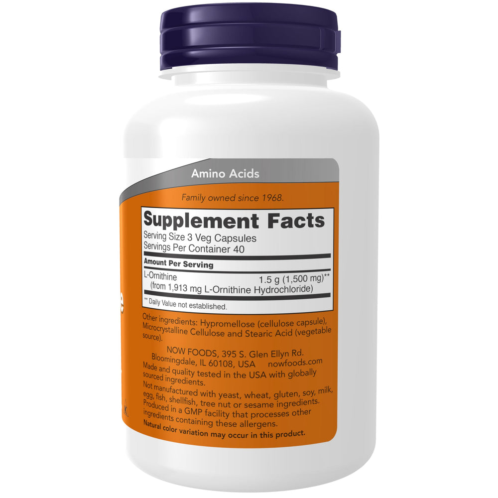 NOW Foods L-Ornithine bottle front view showing 120 vegan capsules.