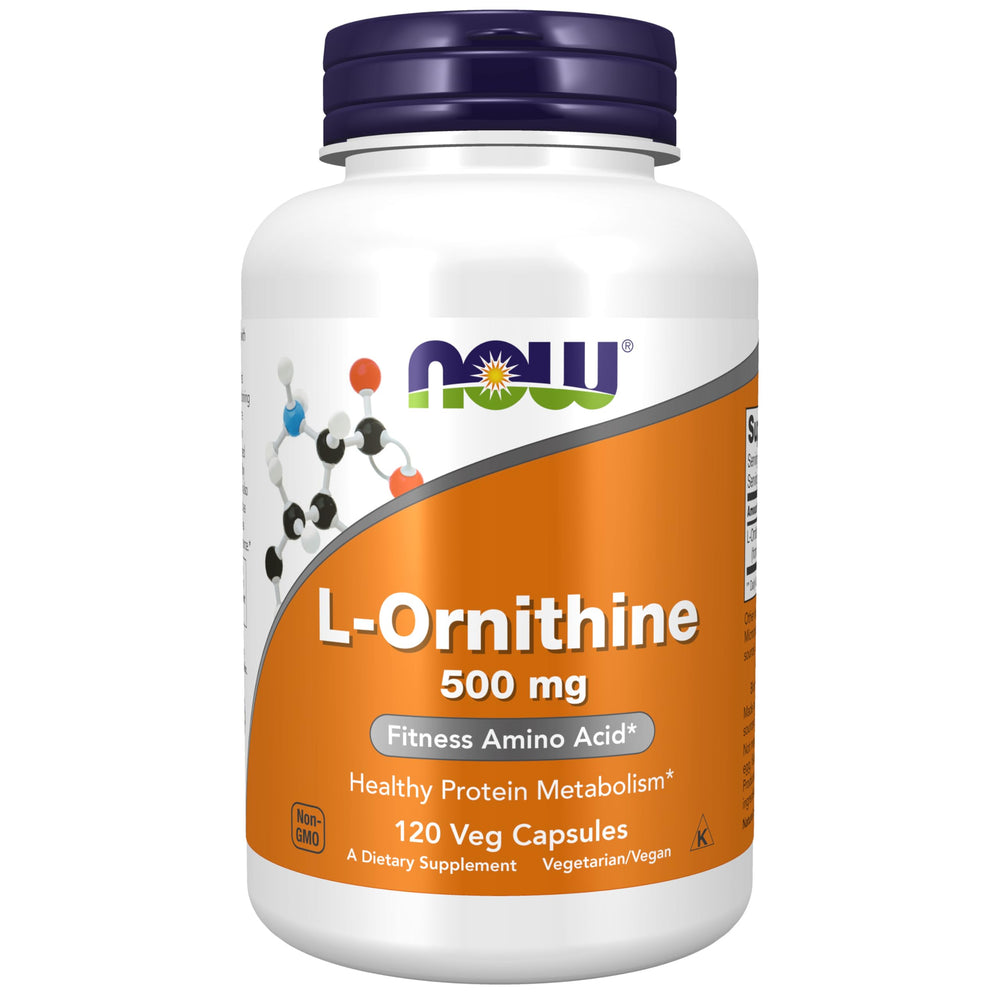 NOW Foods L-Ornithine capsules, bottle cap close-up, supports healthy ammonia metabolism through the urea cycle.