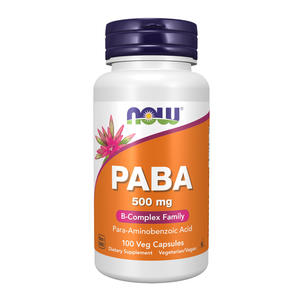 NOW Foods PABA 500 mg bottle displayed for daily use in the kitchen.