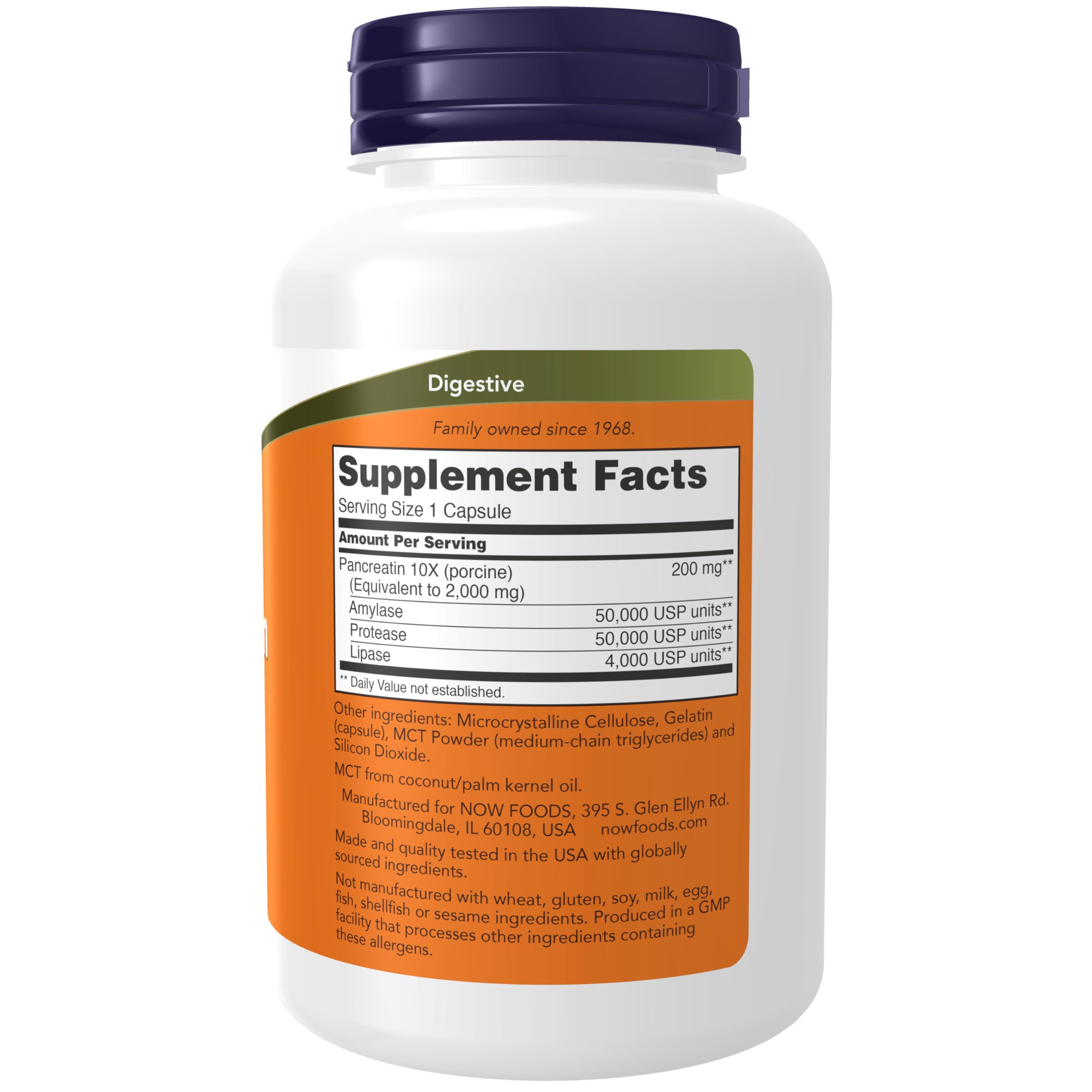 NOW Foods Pancreatin 2000 capsules close-up highlights protease, amylase, and lipase enzymes.