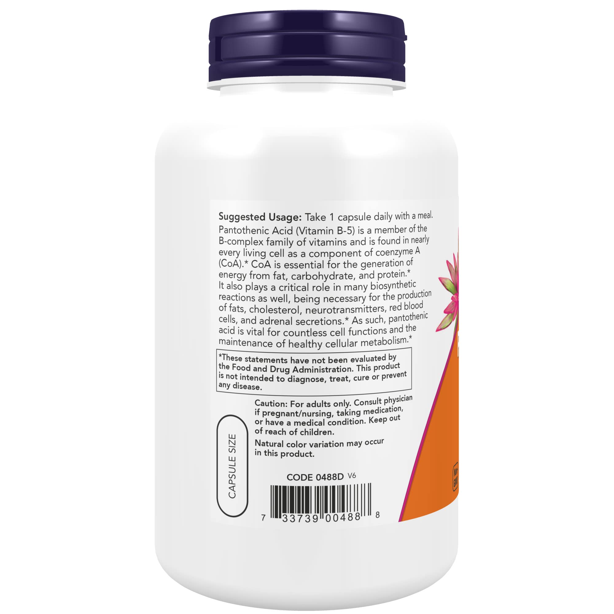 NOW Foods Pantothenic Acid 500 mg bottle label, GMP quality and non-GMO assurance visible.