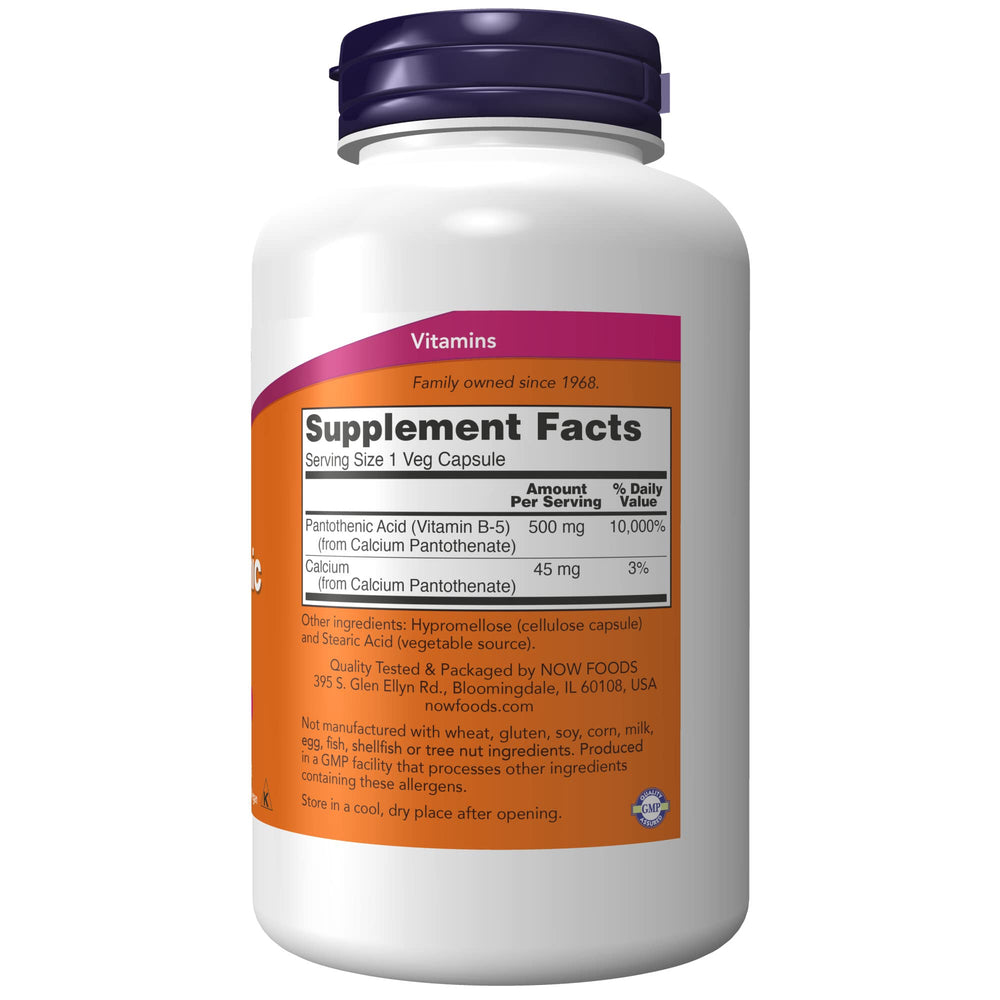 NOW Foods Pantothenic Acid capsules closeup, highlighting CoA-related energy processes.