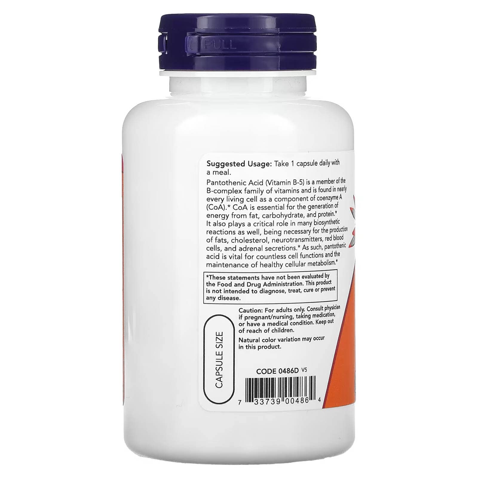 NOW Foods Pantothenic Acid 500mg capsules-closeup illustrates easy supplementation