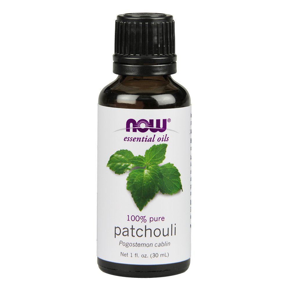 NOW Foods Patchouli Oil bottle pour for relaxing aromatherapy