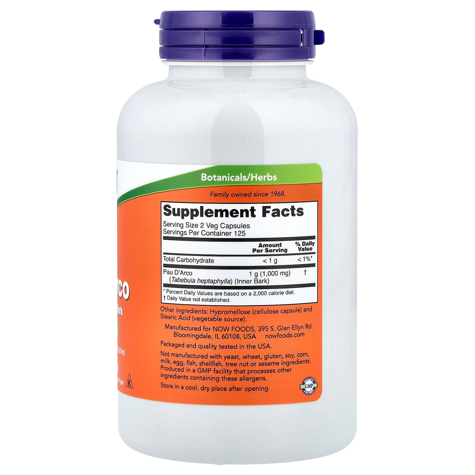NOW Foods Pau D'Arco 250 capsules box for convenient vegan herbal supplementation.