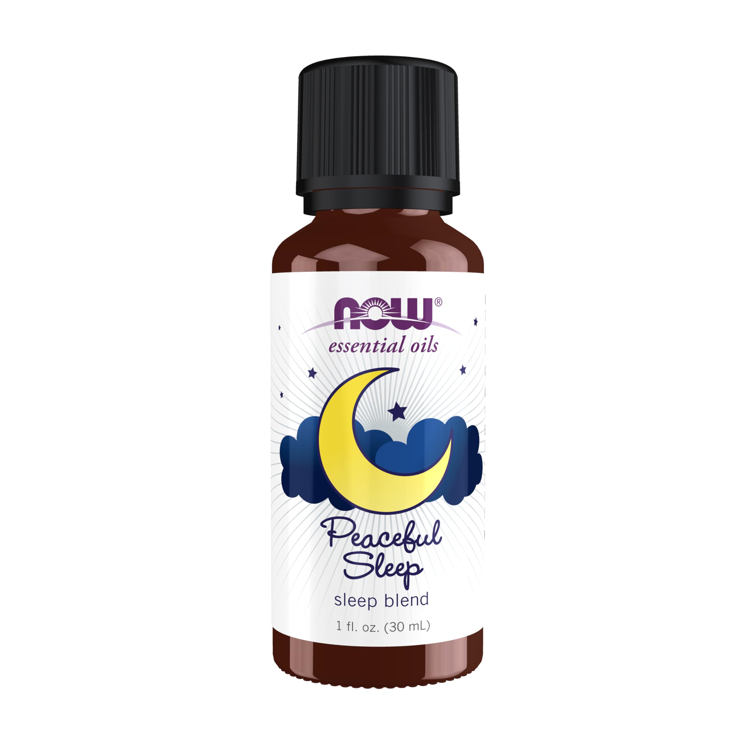 NOW Foods Peaceful Sleep oil bottle, calming aroma for relaxing evenings.