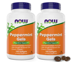 NOW Foods Peppermint Gels bottle front showing enteric coating for digestive support.