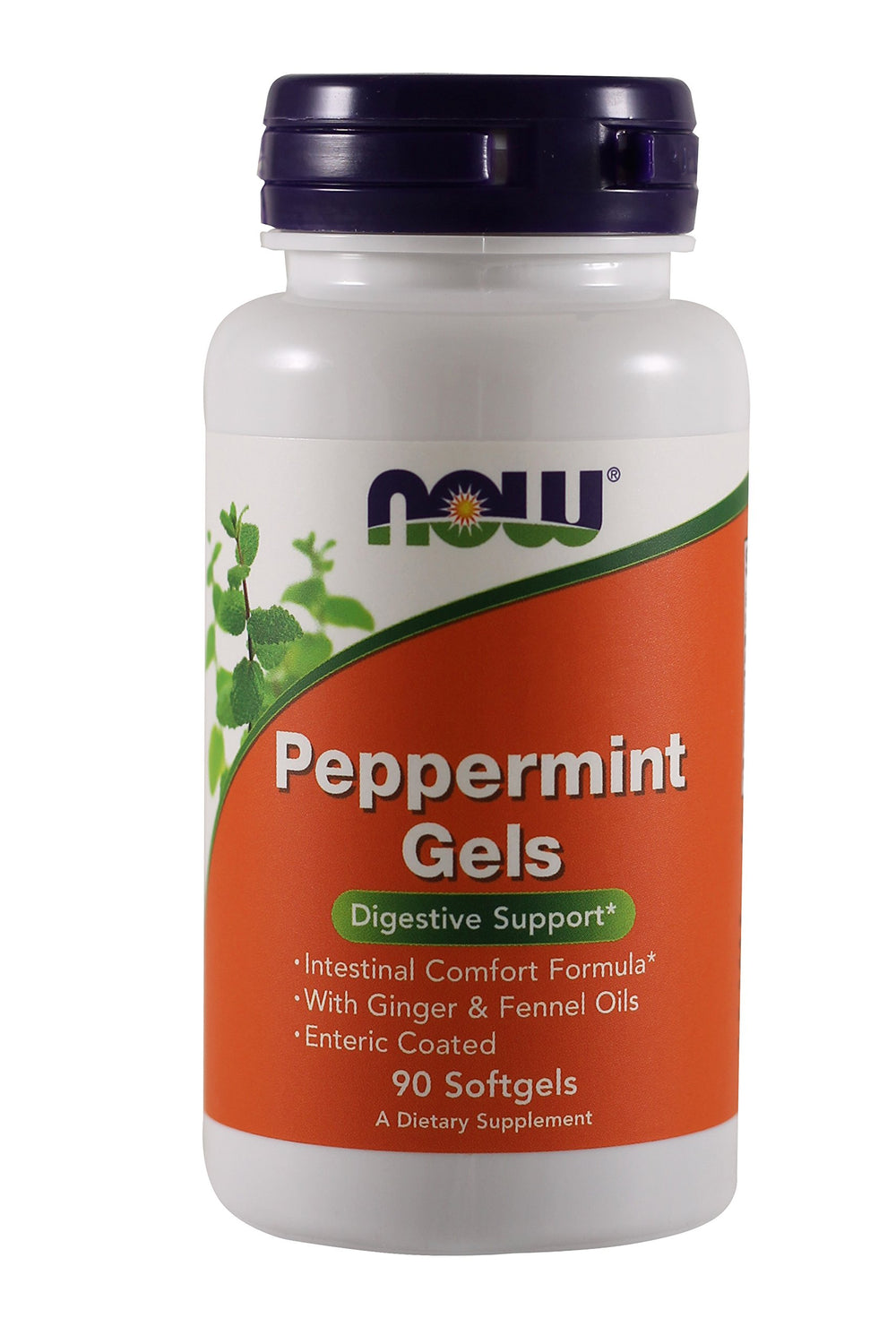 NOW Foods Peppermint Gels bottle with enteric-coated capsules for gentle intestinal comfort.