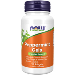 NOW Foods Peppermint Gels bottle with softgels for digestive comfort on the go