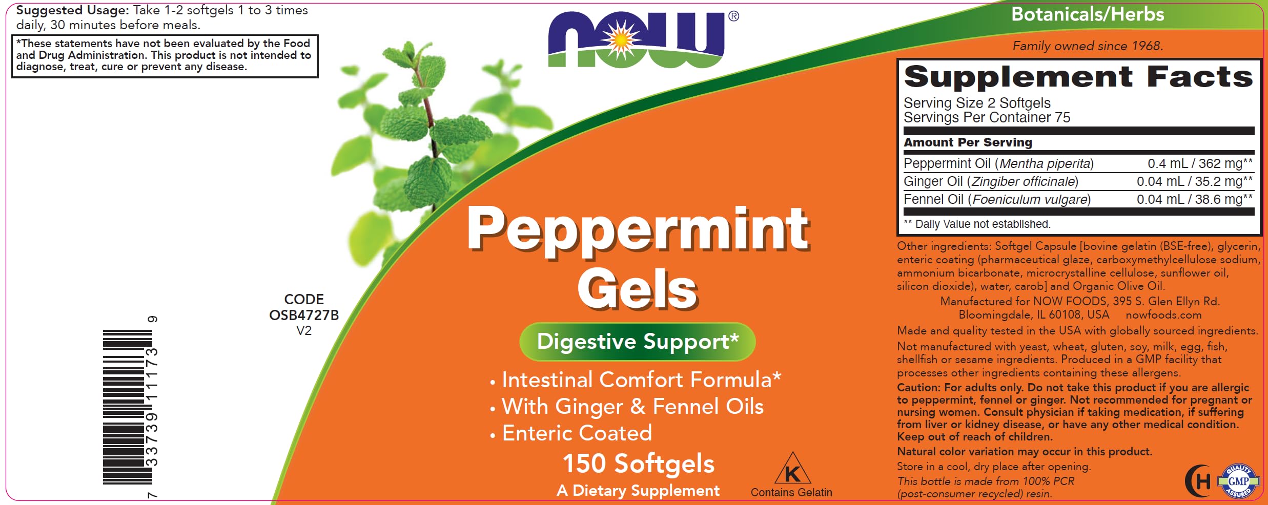 NOW Foods Peppermint Gels enteric coating diagram demonstrates targeted intestinal release.