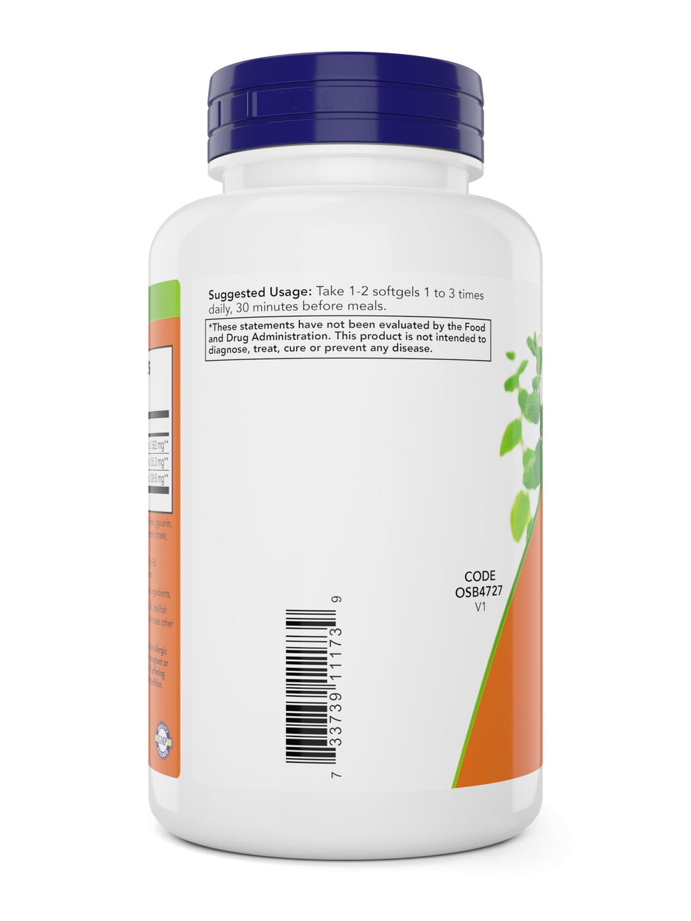 NOW Foods Peppermint Gels ingredients closeup highlights peppermint, ginger, fennel oils for digestion.