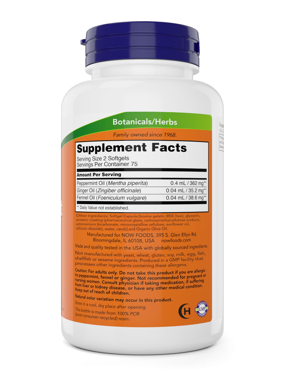 NOW Foods Peppermint Gels softgels closeup highlighting oil blend for digestion support.