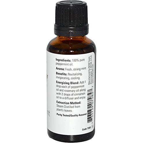 NOW Foods peppermint oil application for topical use and cooling scent.
