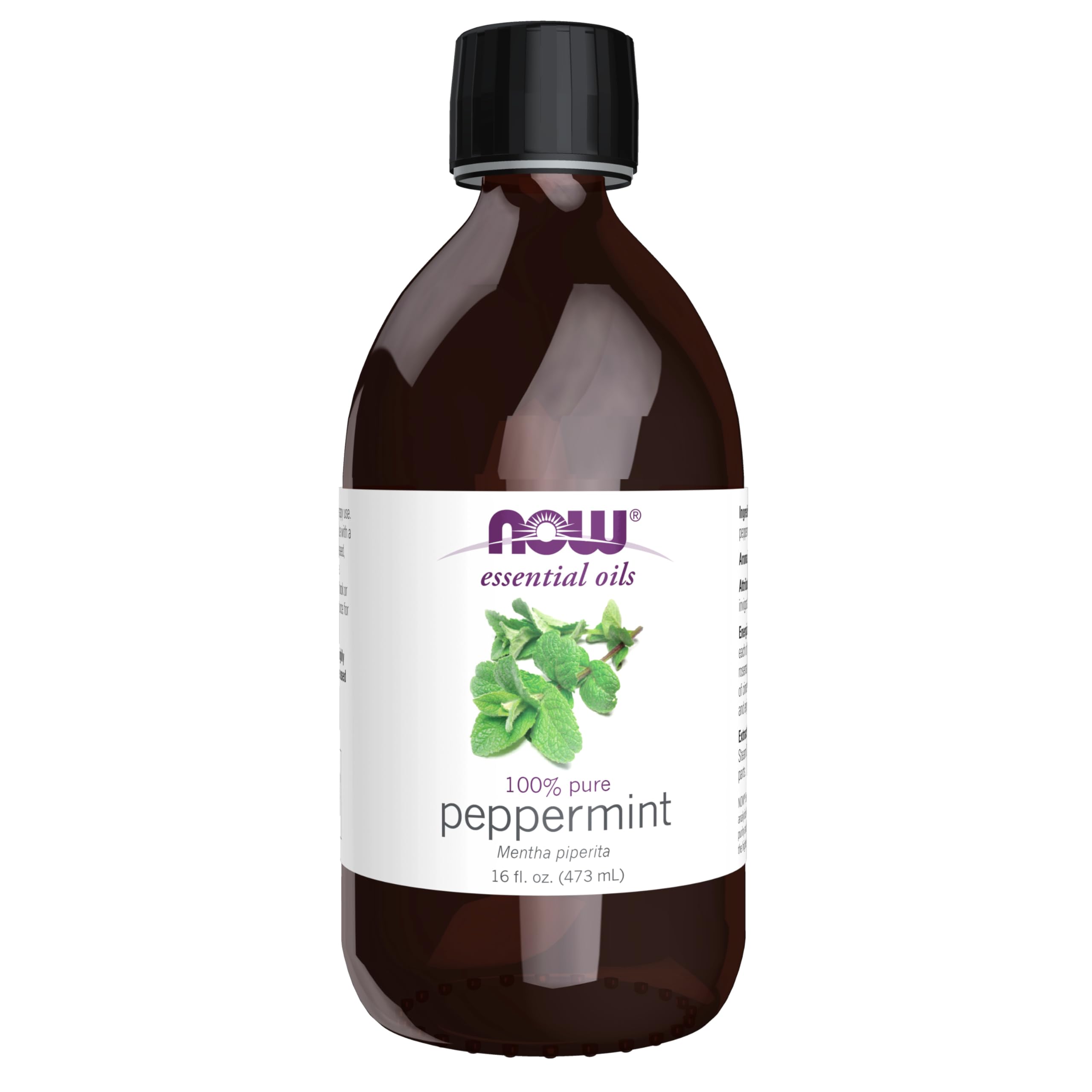NOW Foods Peppermint Oil bottle label showcases purity and natural aroma for everyday use