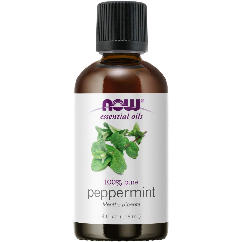 NOW Foods Peppermint Oil bottle label highlights purity for versatile diffuser and flavor uses.