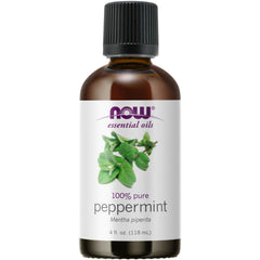 NOW Foods Peppermint Oil bottle label highlights purity for versatile diffuser and flavor uses.